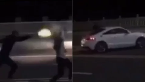 河南枪击事件-现场视频曝光-直接对头狂开数枪-保时捷车主追车互殴后